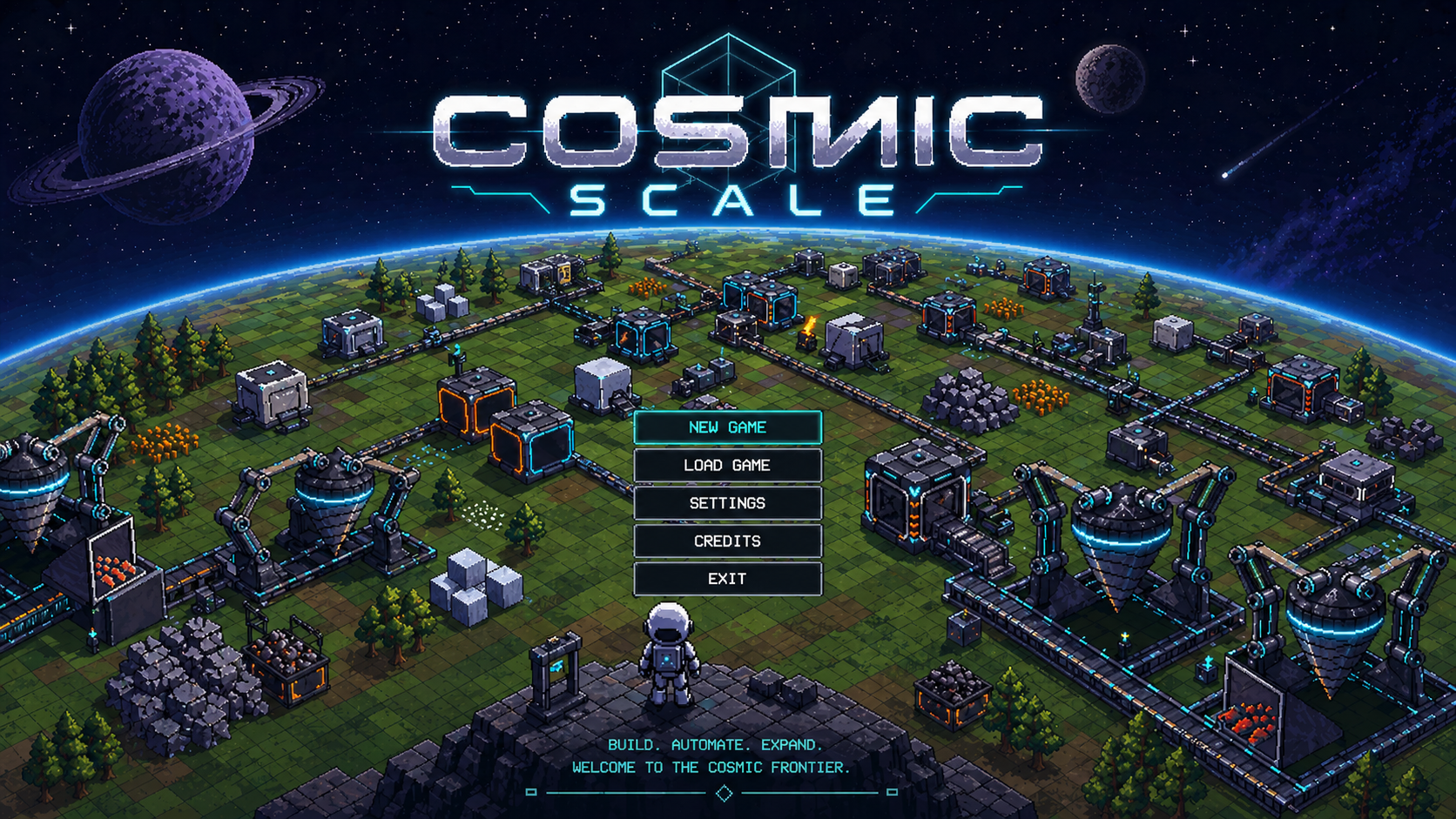 Cosmic Scale main key art — a player overlooking a vast isometric factory