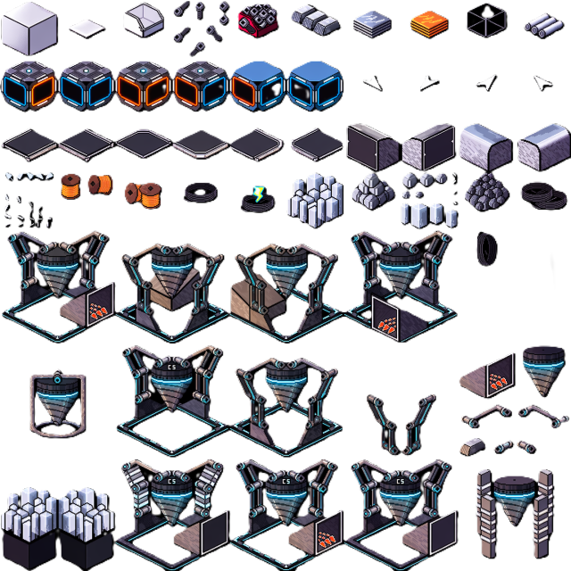 Hand-drawn pixel art icons of Cosmic Scale factory buildings and items