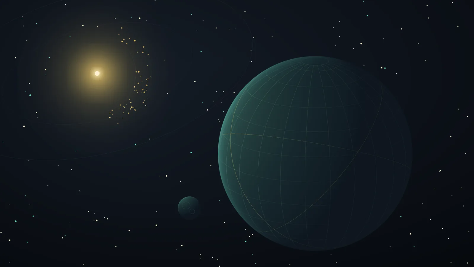Placeholder key art for Cosmic Scale: a tiled planet, its moon, and a Dyson swarm arcing off the star