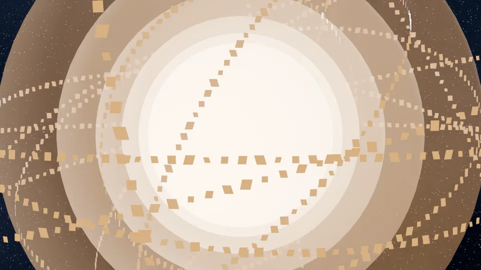 A bright star ringed by golden Dyson swarm sails set in several tilted rings.