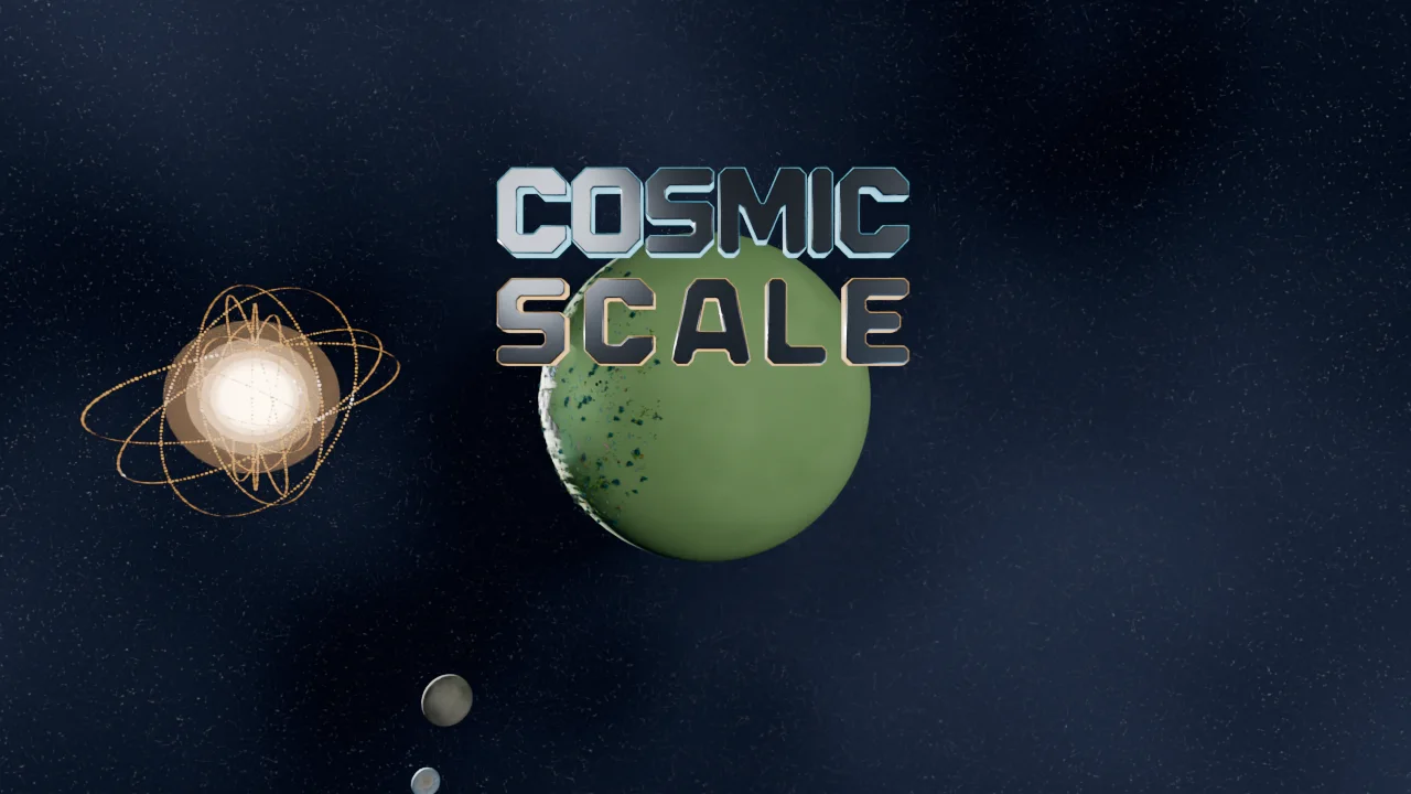 The Cosmic Scale title over a green home world hanging in space, with the star and its golden swarm rings to one side.