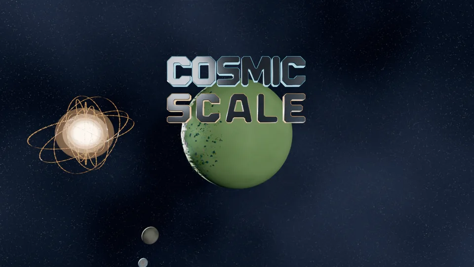 The Cosmic Scale title over a green home world hanging in space, with the star and its golden swarm rings to one side.