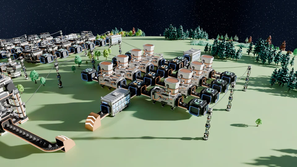 Rows of white smelters linked by conveyor belts and power poles on a grassy planet, with a forest at the far edge.