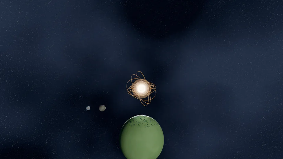 The home star and its golden swarm seen past the edge of a green planet, with two small worlds in the dark between them.