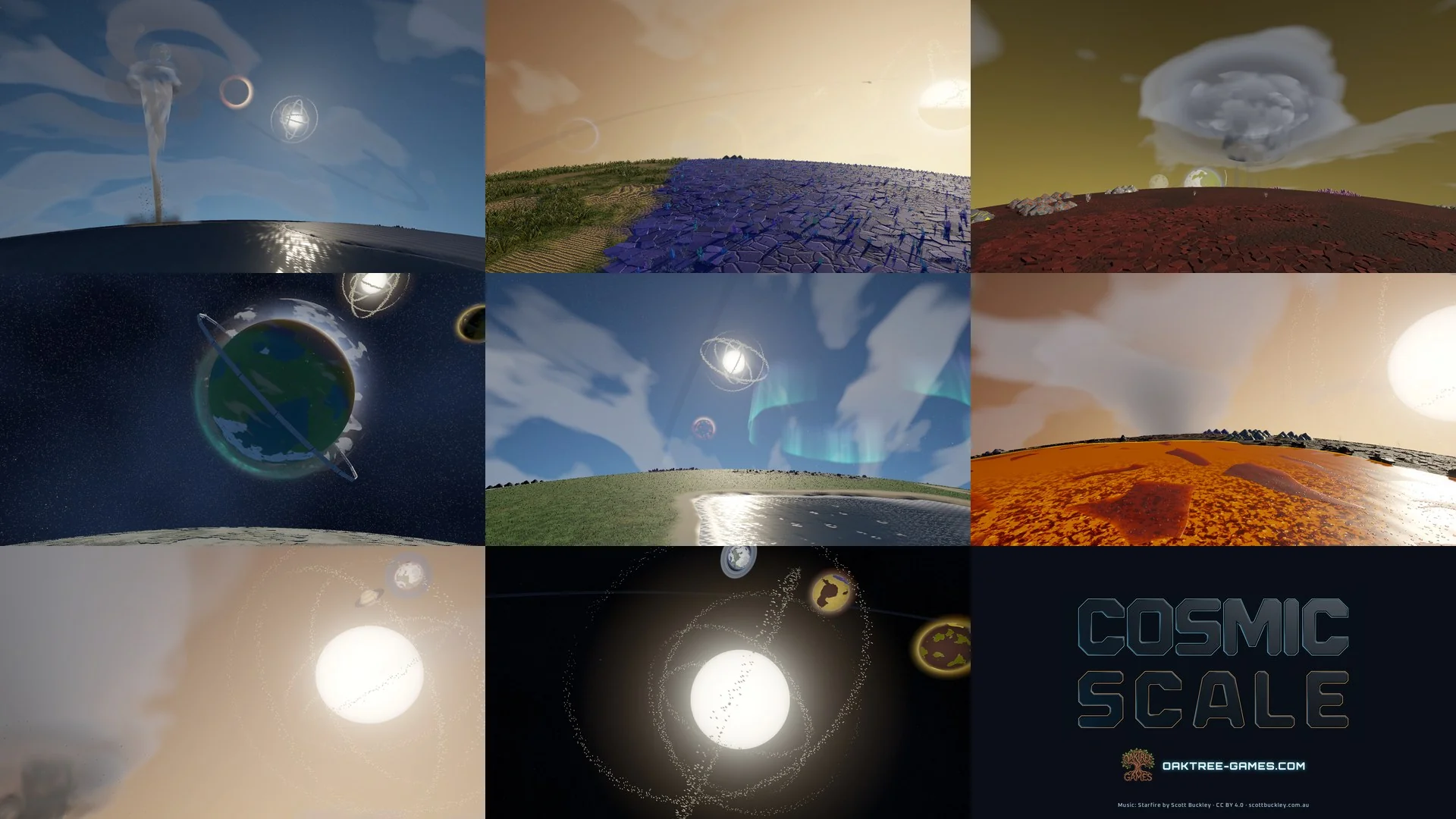 Nine frames from the fly-by in a grid: a tornado under a ringed world, crystal plains, a red acid world under a storm, the home world rising over its moon, an aurora over a lake, a lava lake, the star wrapped in its Dyson swarm twice, and the Cosmic Scale title card with the OakTree Games logo