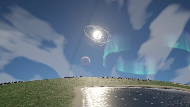 Cosmic Scale home system fly-by video: an aurora over a lake on the home world, with the swarm-wrapped star overhead