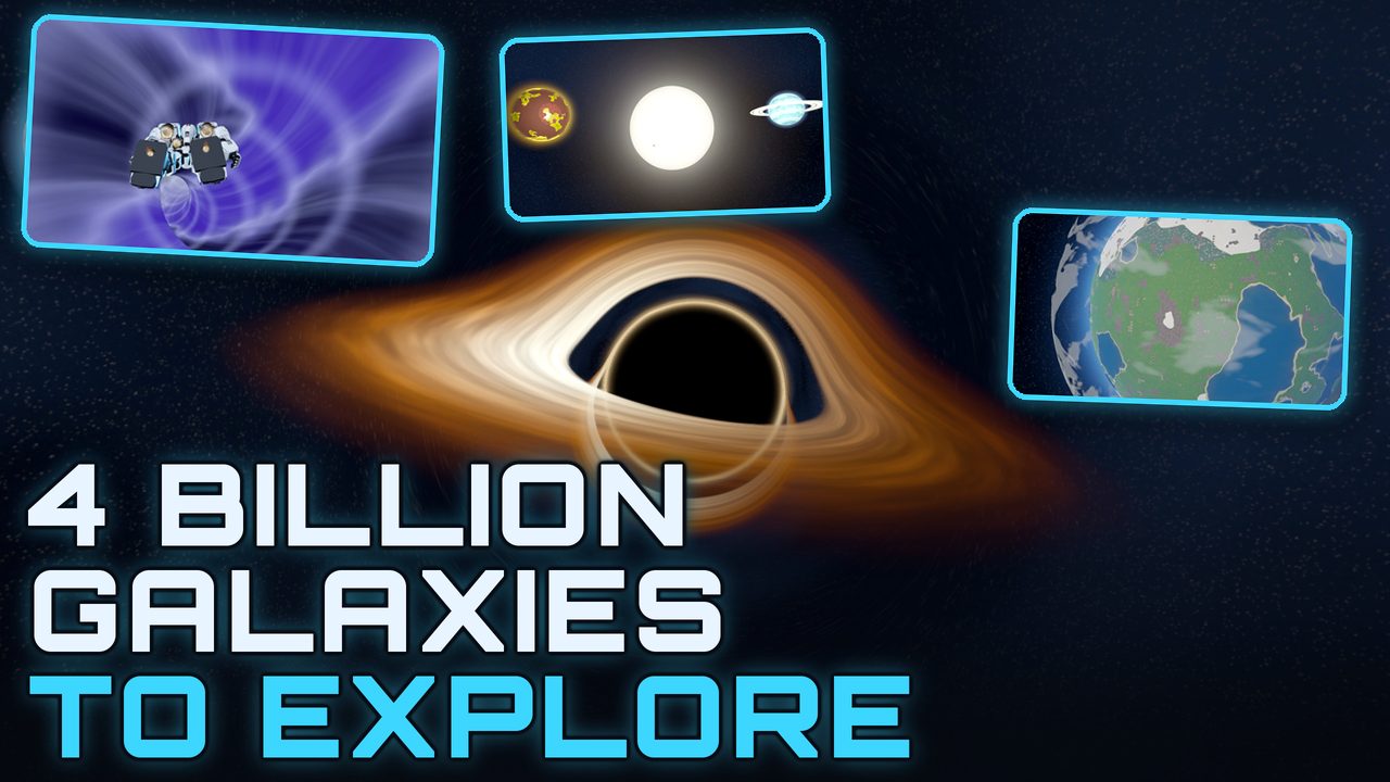 Cosmic Scale Devlog #2 on YouTube: a black hole with its glowing disc behind three windows into the game, the mecha flying through a wormhole, a yellow star between a lava world and a ringed ice giant, and the home world, under the words 4 billion galaxies to explore